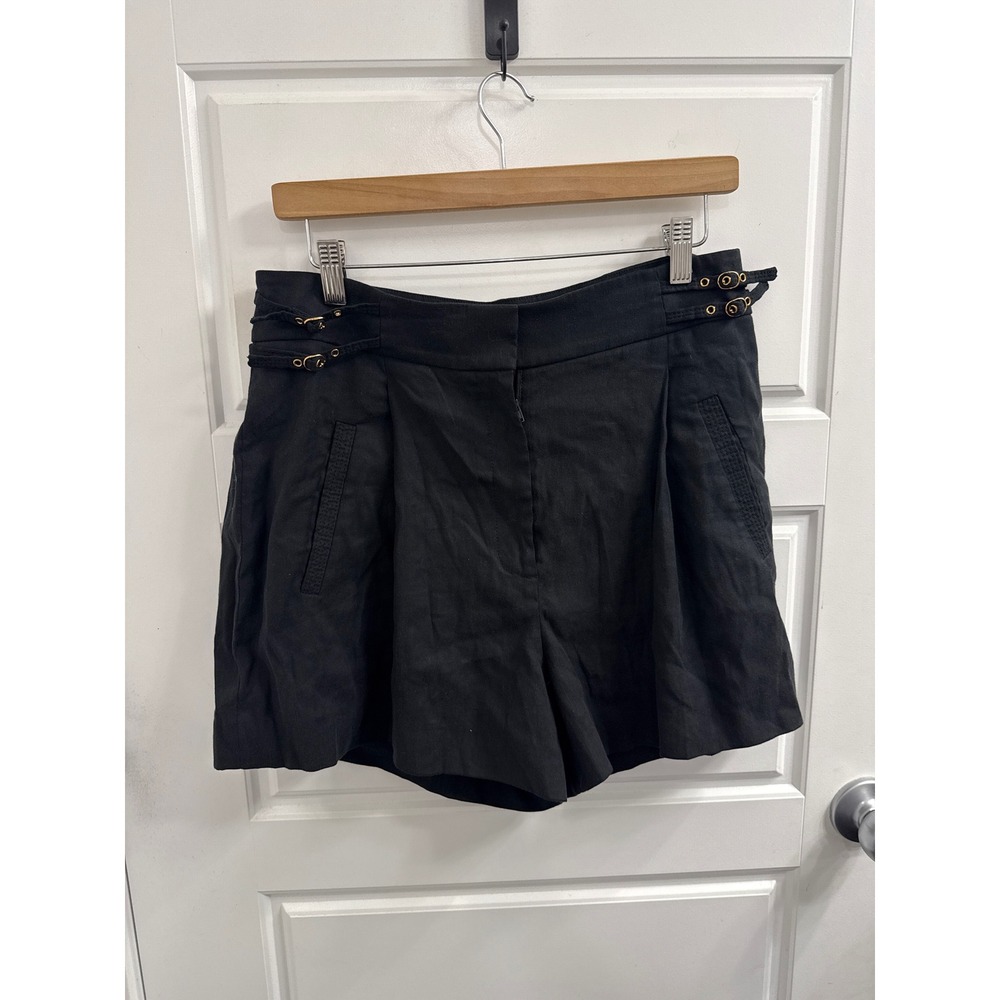 Veronica Beard Black Linen Blend High Waisted Buckle Side Tab Shorts Size 10